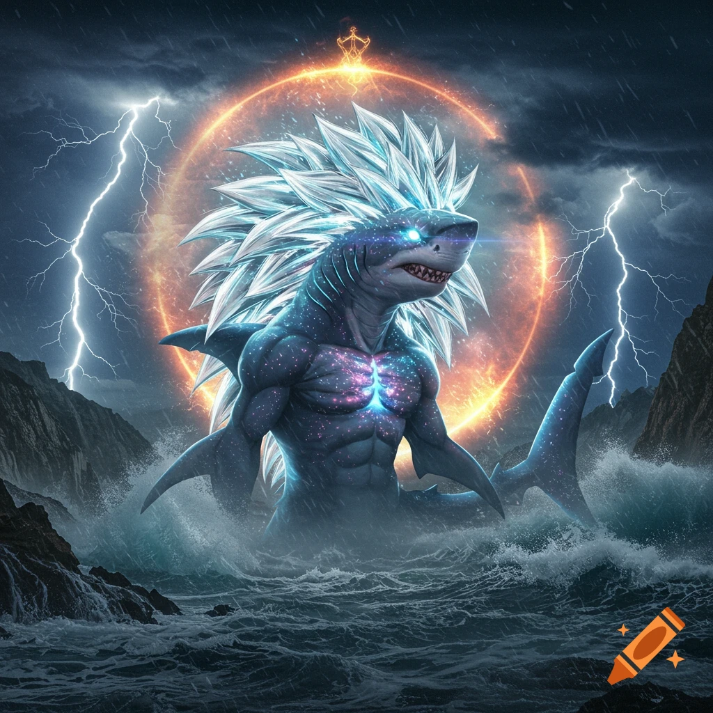A muscular, bipedal shark monster with spiky white hair and a glowing chest stands in a stormy sea, surrounded by an orange aura and lightning.