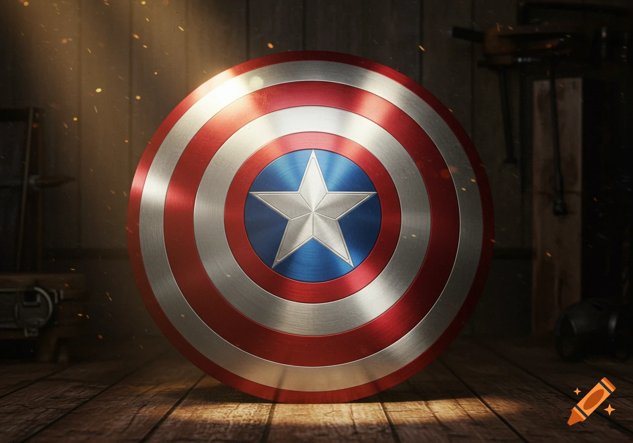 Photorealistic close-up of Captain America's shield, red and silver rings surrounding a blue center with a silver star, resting on a wooden floor in a dimly lit room.