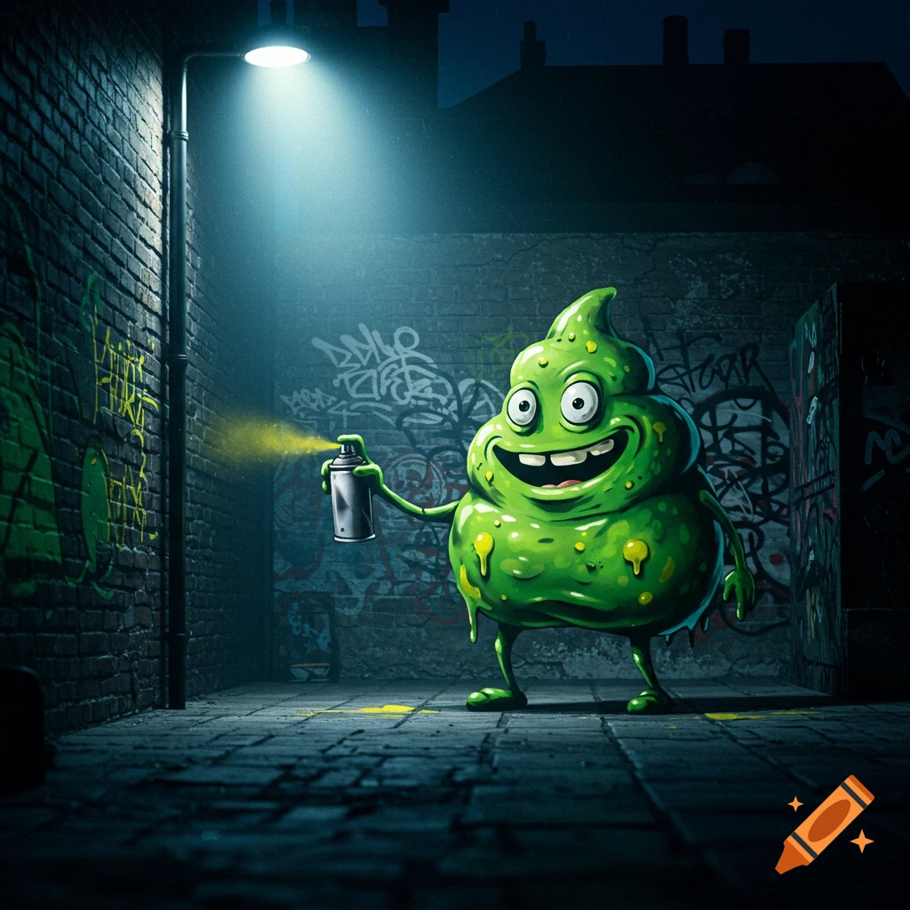 A grinning green slime-like character sprays graffiti onto a brick wall in a dark alley illuminated by a street light, in a cartoon style.