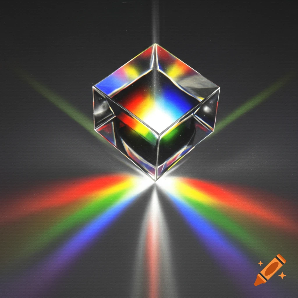 A clear glass prism disperses white light into a vibrant rainbow spectrum on a dark background, with colorful beams fanning out.