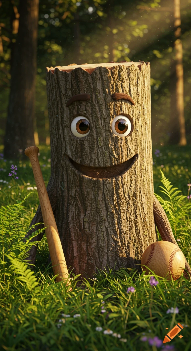 A friendly anthropomorphic tree stump with big eyes and a wide smile holds a baseball bat in a lush forest.