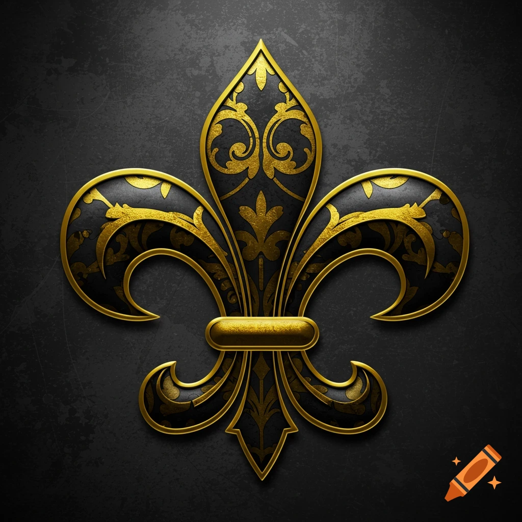 Ornate gold and black Fleur-de-lis emblem with metallic texture on a dark grey scratched background.