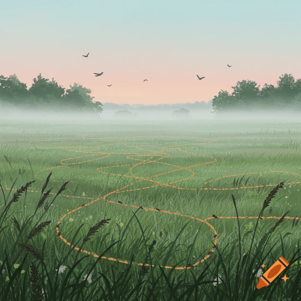 An illustration of a misty field at dawn, with tall green grass, distant trees, birds flying, and ants crawling along an orange path.