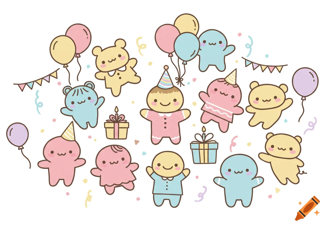 A collection of cute, simple, gingerbread-style cartoon characters and bears with balloons and gifts on a white background.