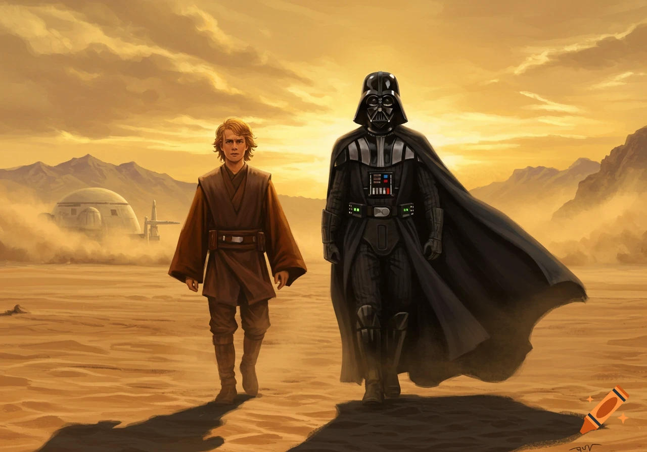 Anakin Skywalker and Darth Vader walk across a sandy desert under an orange sky, with mountains and a domed building in the background. Illustration.