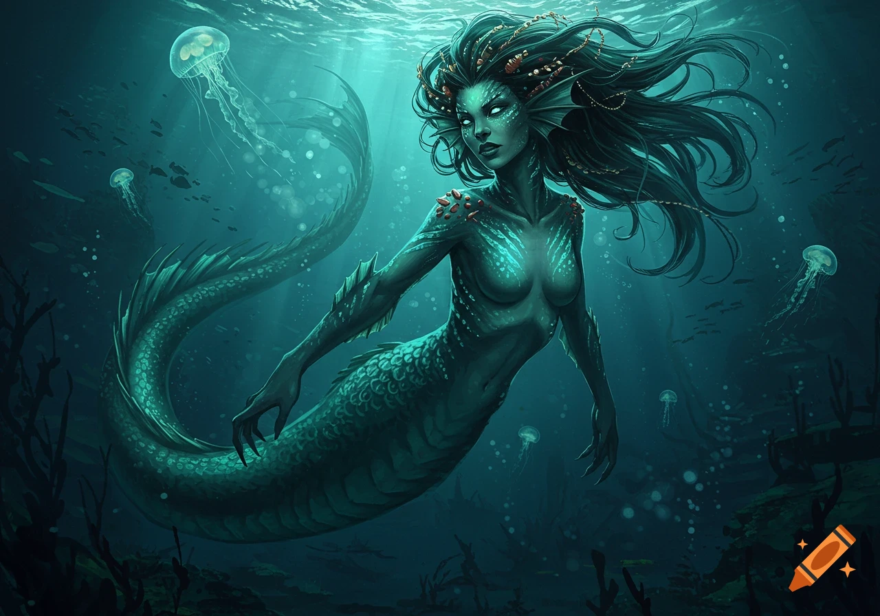 A menacing, green-skinned aquatic monster woman with glowing eyes and scaled tail swims in dark ocean depths with jellyfish.