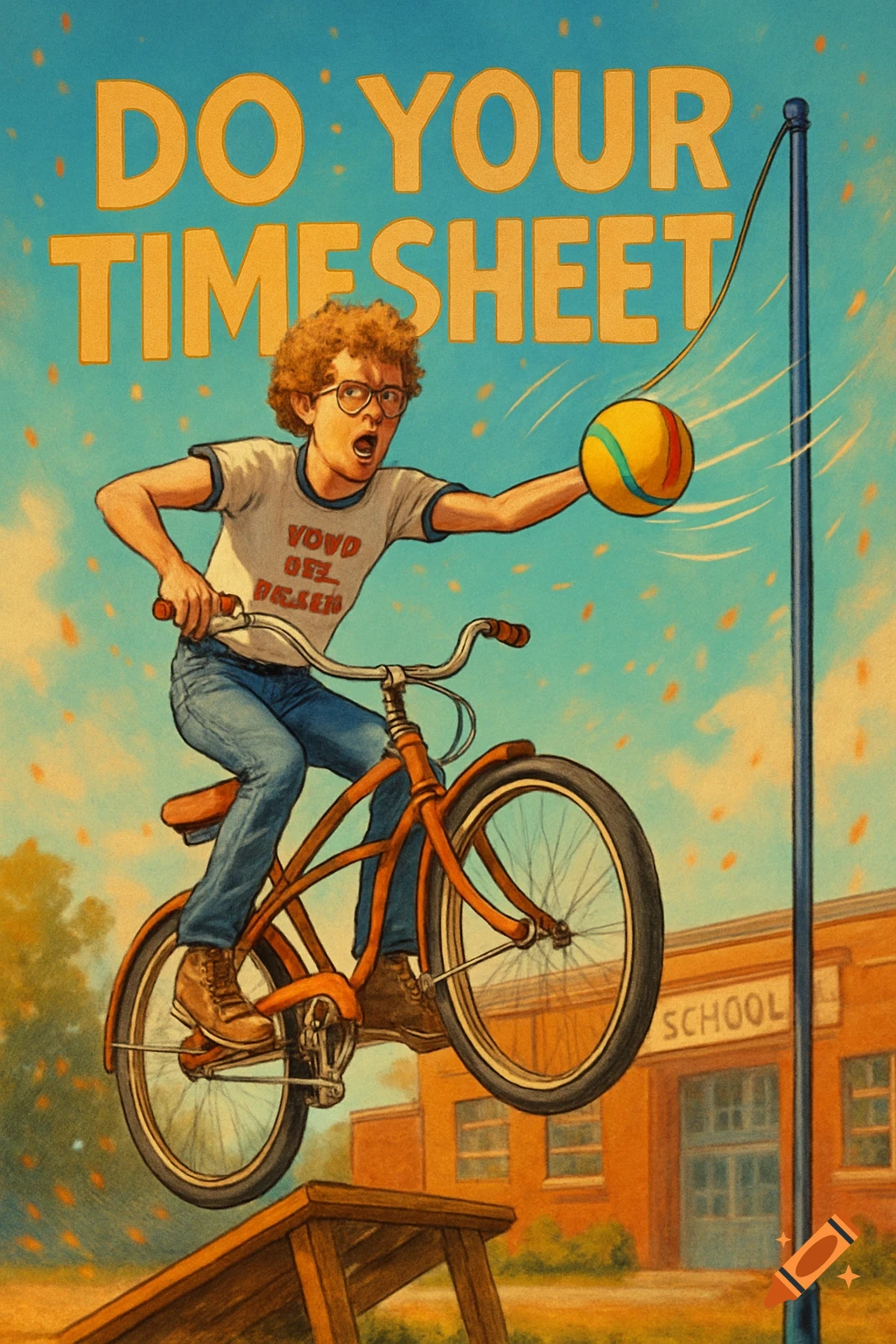 A stylized illustration of a curly-haired boy, resembling Napoleon Dynamite, on a bicycle jumping off a ramp, hitting a tetherball. "DO YOUR TIMESHEET" is in bold text above, with a school building in the background.