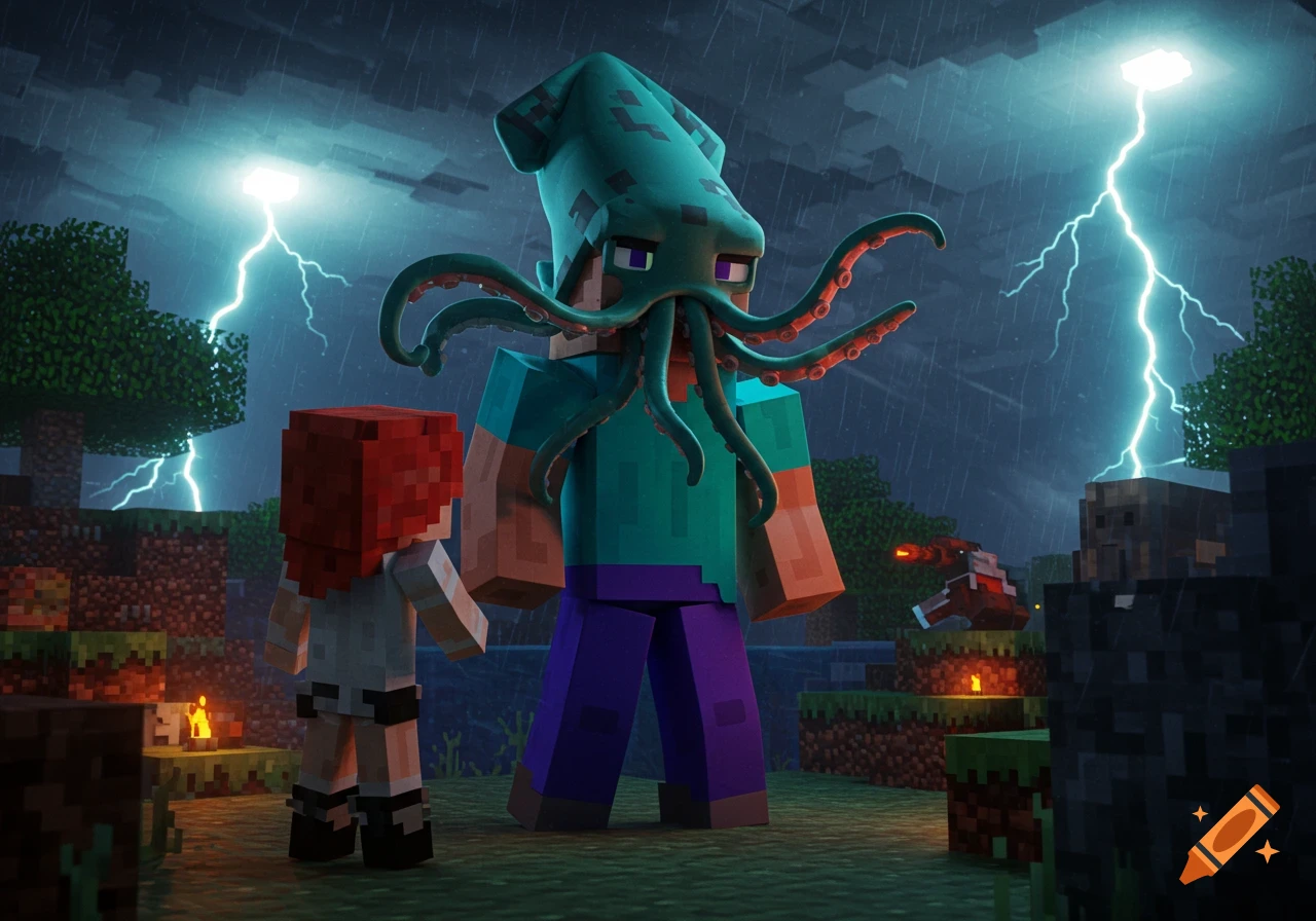 Minecraft Steve with a squid head stands near Alex in a blocky, stormy landscape with lightning.