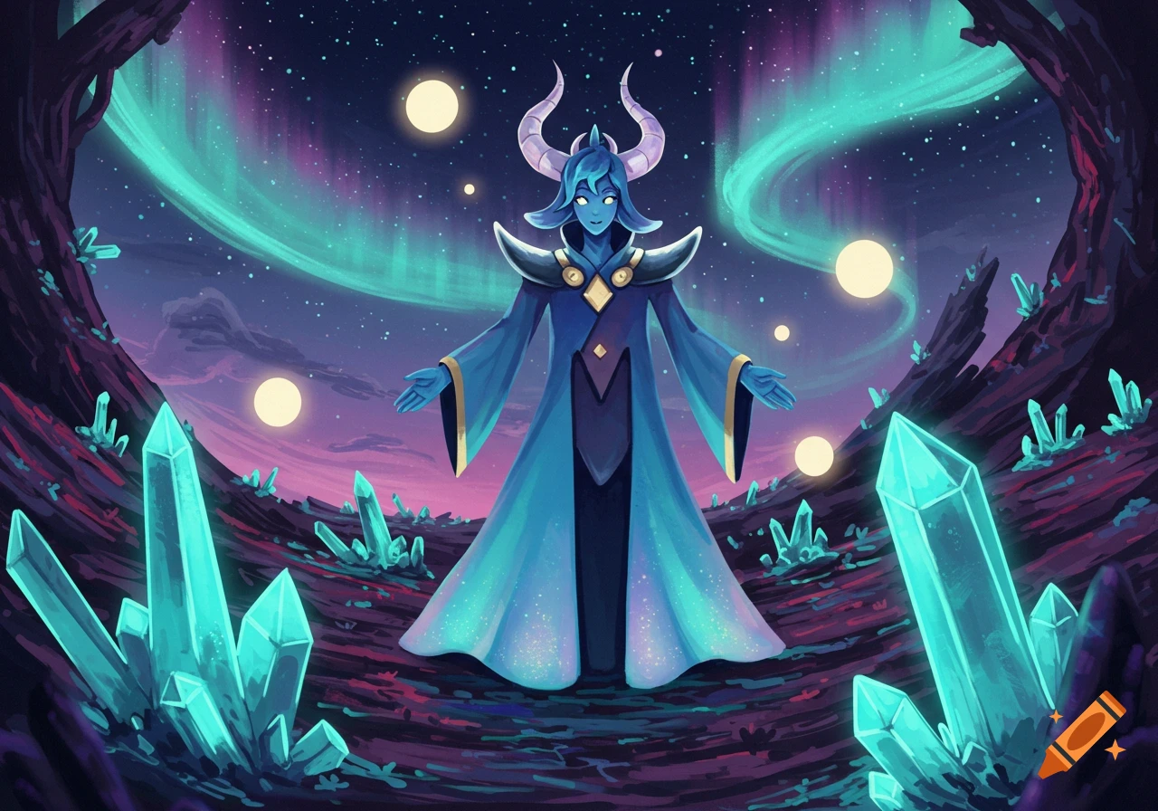 A blue-skinned horned character in a blue robe stands in a fantasy landscape with glowing crystals and an aurora borealis sky.