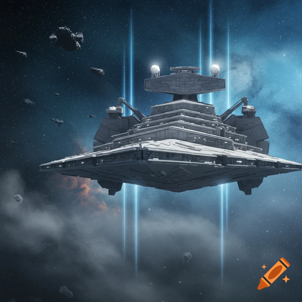 A large, detailed gray spaceship, reminiscent of a Star Destroyer, flies through a star-filled galaxy with blue light beams and nebulae.
