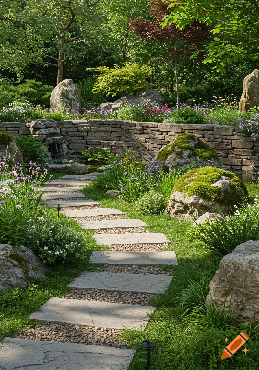 Photorealistic image of a lush Japanese garden with a stone pathway, small waterfall, mossy rocks, and colorful flowers under natural sunlight.