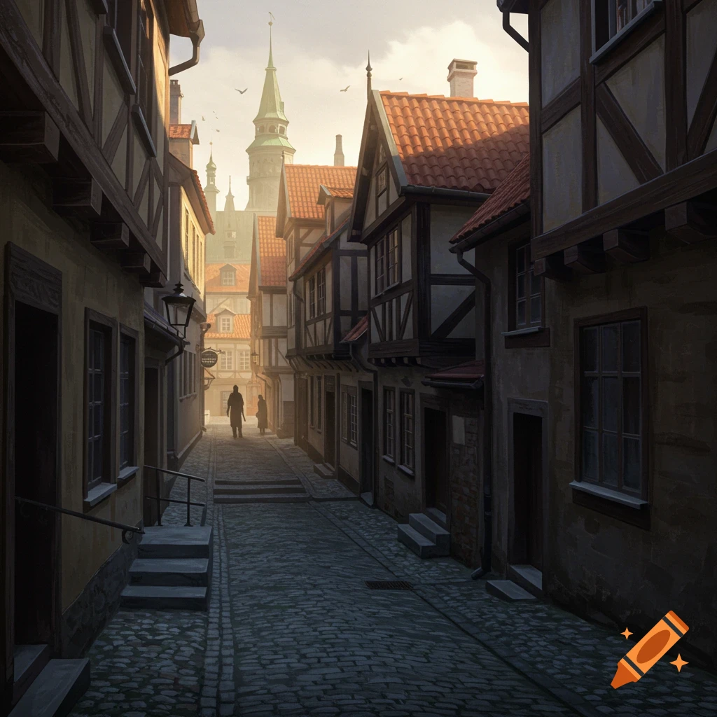 A narrow, cobblestone street in an old European city lined with timber-framed buildings under a bright sky. Two distant figures walk down the street.