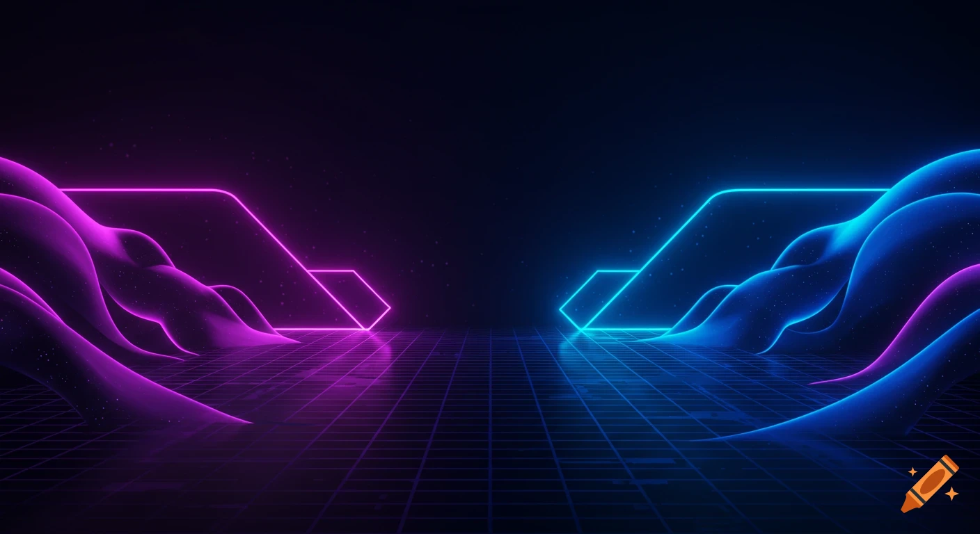 Futuristic abstract background with undulating purple and blue neon shapes and glowing digital grid on a dark setting.