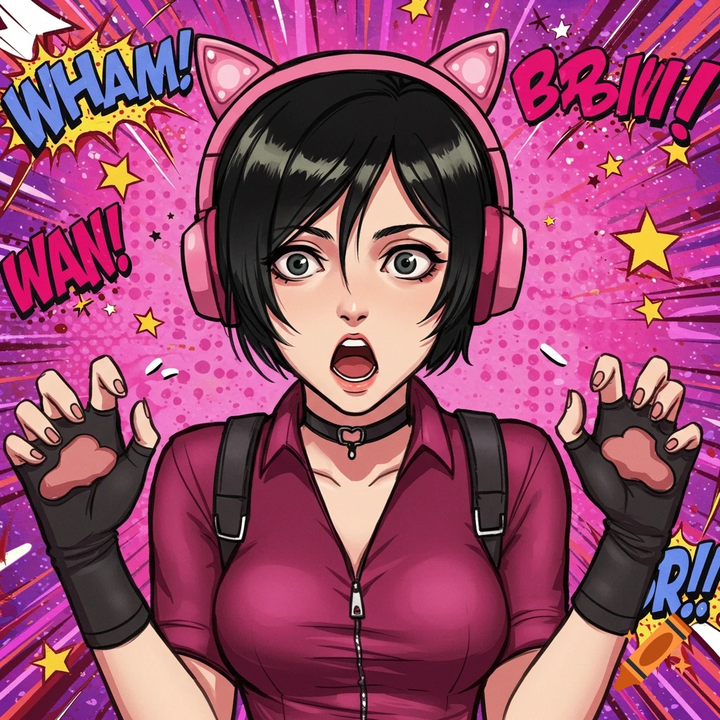 A cartoony image of Ada Wong with pink cat ear headphones and a shocked expression, hands raised like kitten paws, against a pink comic book background with sound effects.