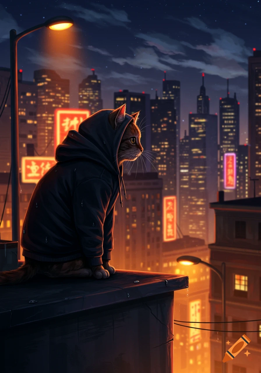 An anthropomorphic cat in a black hoodie sits on a rooftop, looking at a vibrant, neon-lit cityscape at night in digital art style.
