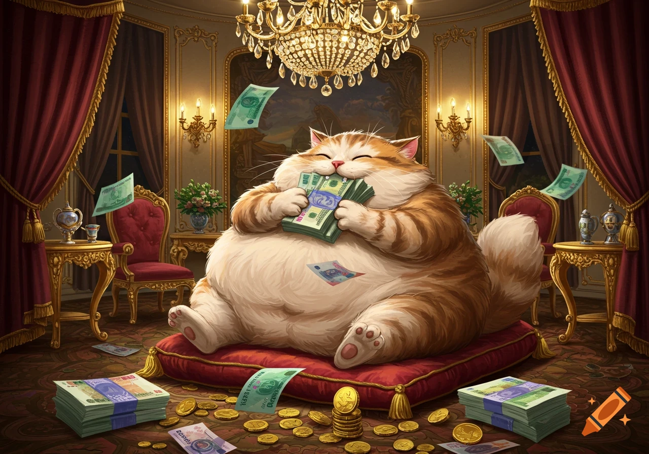 A fat orange and white cartoon cat sits on a red cushion, happily surrounded by and 'eating' stacks of money in a lavish room.
