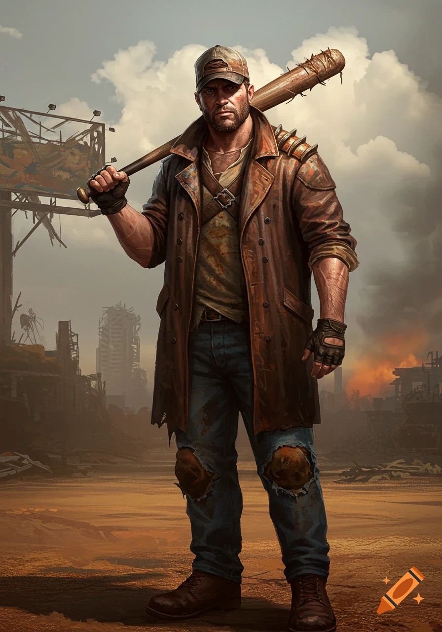 A rugged man in a brown trench coat and cap stands in a dusty post-apocalyptic wasteland, holding a spiked baseball bat.