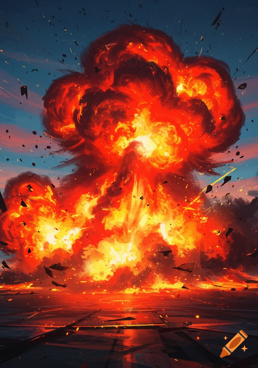 A vibrant, stylized painterly explosion with orange and red flames against a blue and orange sky, with debris flying.
