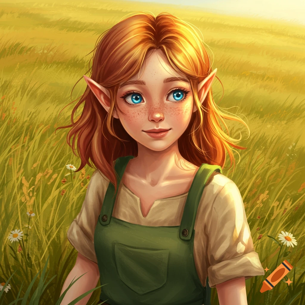 A red-blonde elf girl with blue eyes and freckles wears green overalls in a sunny meadow with daisies, digital painting.