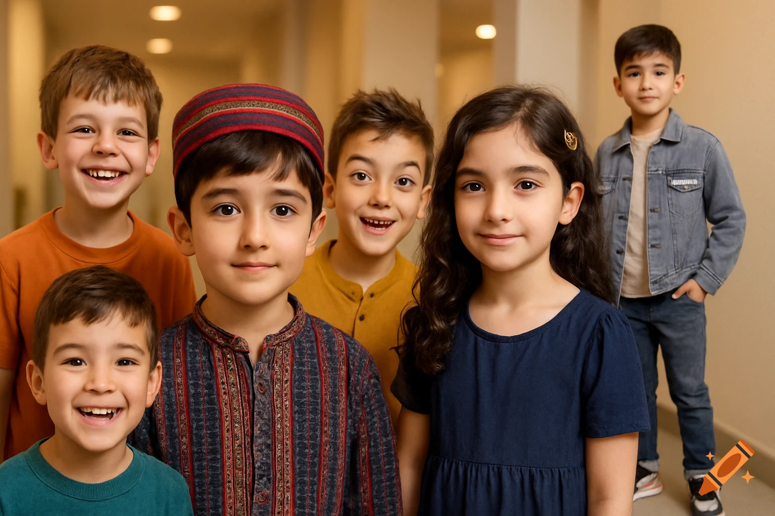 A group of six diverse children, some smiling, pose for a photorealistic portrait in a hallway. One boy wears a traditional hat.