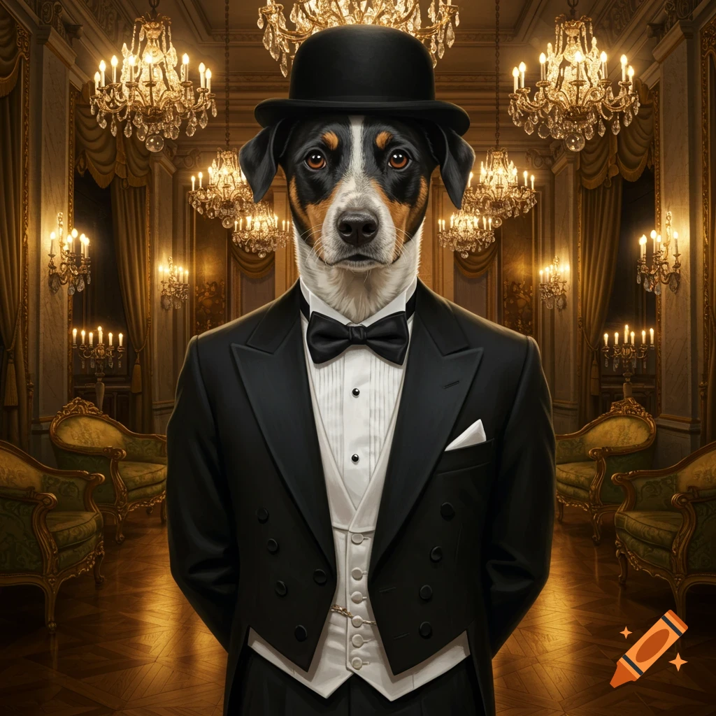 A serious-looking dog in a black tuxedo and bowler hat stands in a grand, chandelier-filled ballroom.