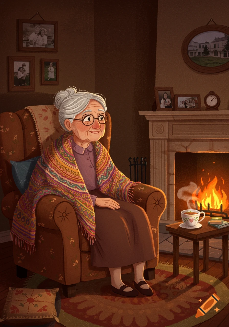 A cozy illustration of a smiling elderly woman with grey hair and glasses, sitting by a warm fireplace with a cup of tea.