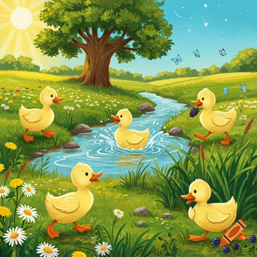 Five yellow ducklings play in a vibrant, sunny meadow with a stream, flowers, and a large tree, in a charming illustration.