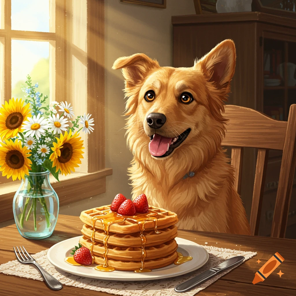 A happy, golden-furred dog sits at a sunlit table with a stack of waffles, strawberries, and syrup, next to a vase of sunflowers.