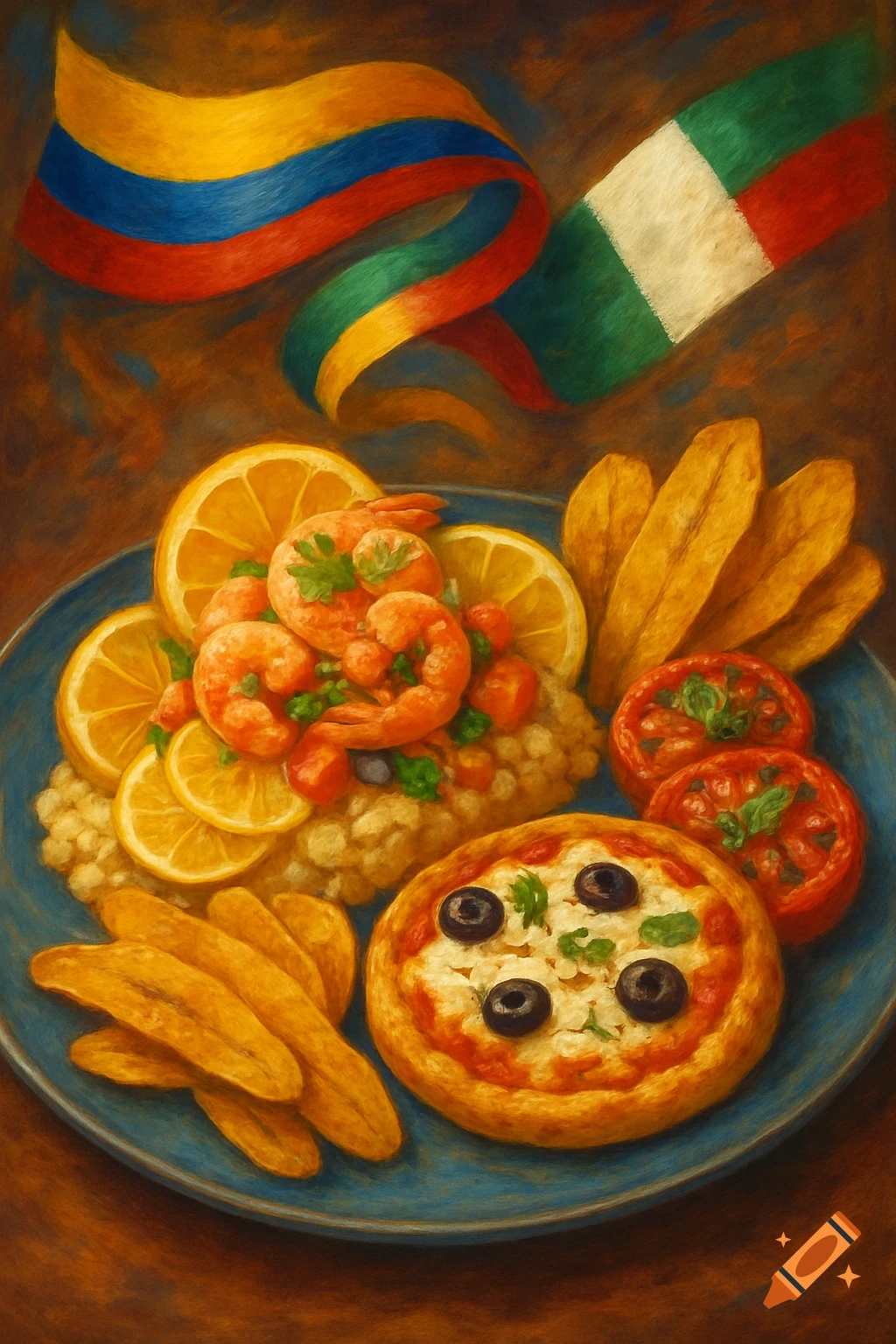 A painterly depiction of fusion cuisine on a blue plate with shrimp, lemons, plantains, tomatoes, a mini pizza, and floating Ecuadorian and Italian flags.