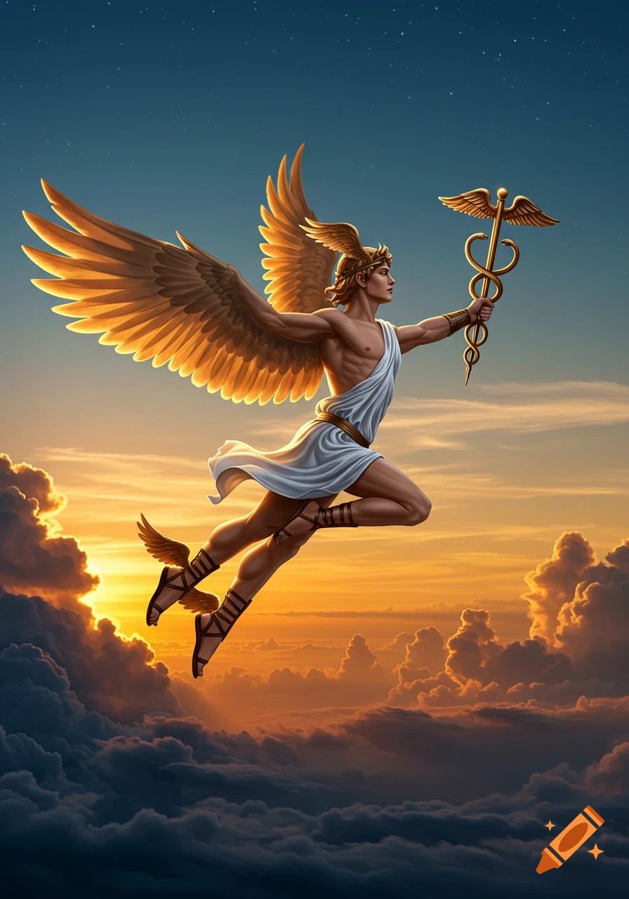 Detailed illustration of Hermes, winged god, flying with a caduceus over sunset clouds, wearing a white toga.
