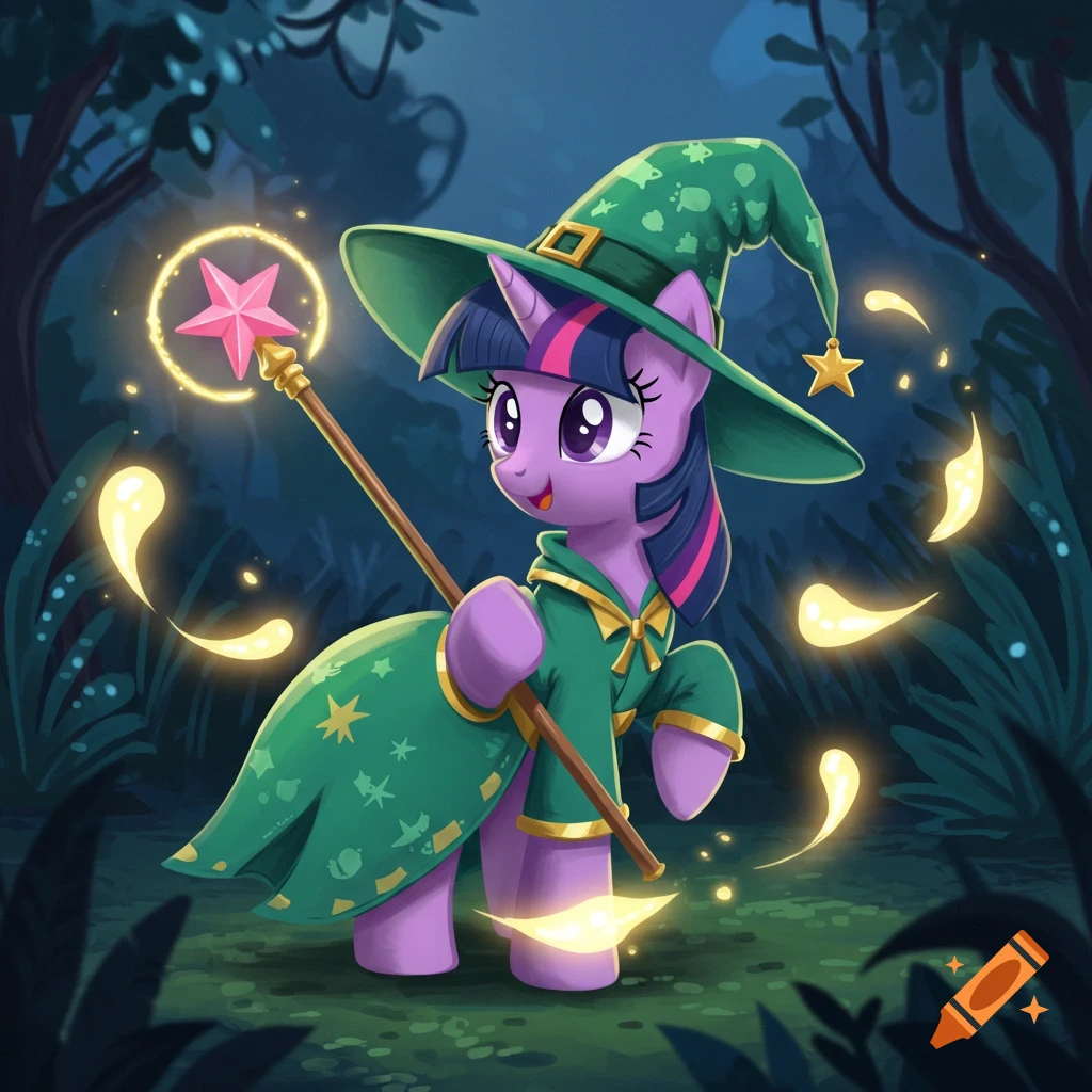 Twilight Sparkle pony dressed as a green witch holds a glowing pink star magic wand in a dark forest.