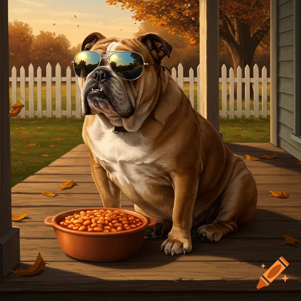 A photorealistic bulldog in aviator sunglasses sits on a wooden porch with a bowl of baked beans, autumn leaves scattered.