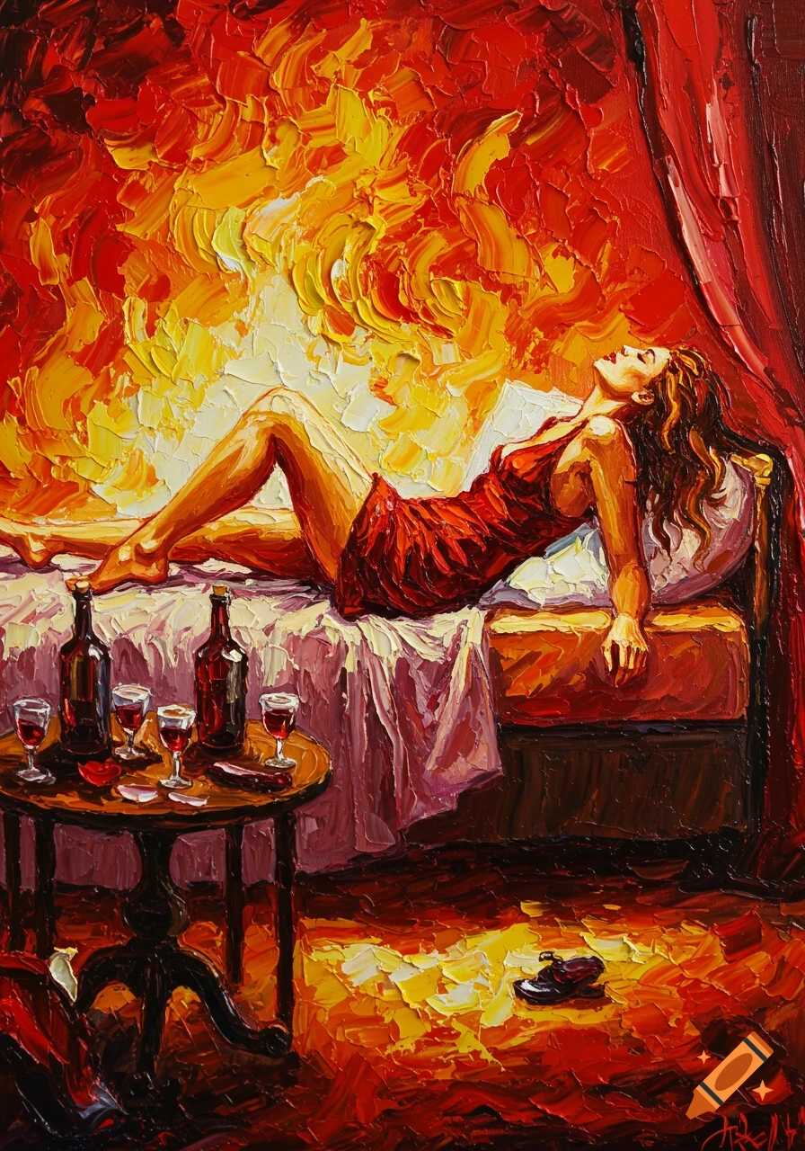 An expressive oil painting with bold red and yellow brushstrokes depicts a woman in a red dress reclining on a bed, with wine bottles and glasses on a nearby table.