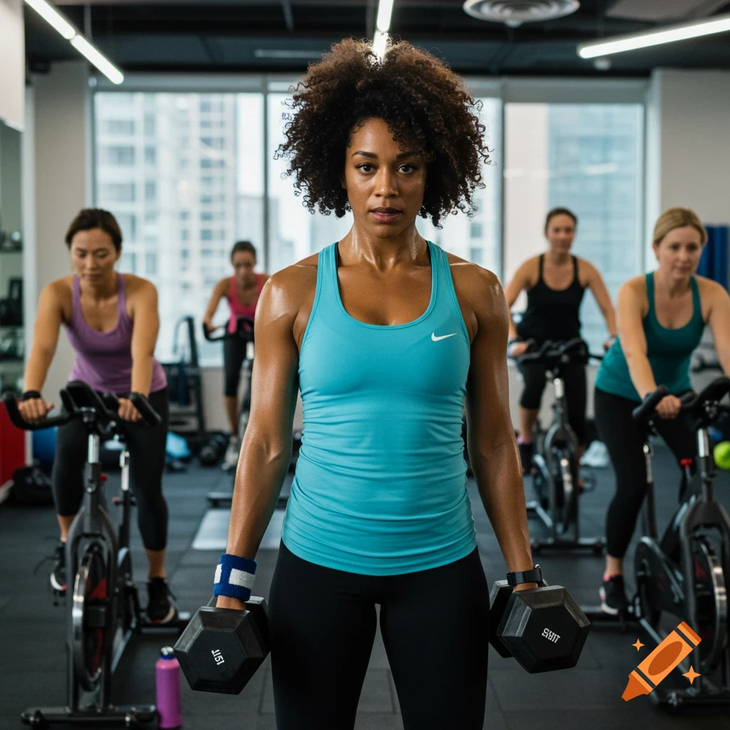 A fit woman holding dumbbells in a gym, with other women on exercise bikes in the background.