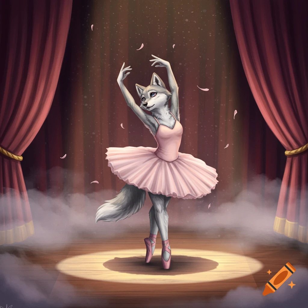 An anthropomorphic gray wolf in a pink tutu and pointe shoes dances ballet on a spotlighted stage with red curtains.