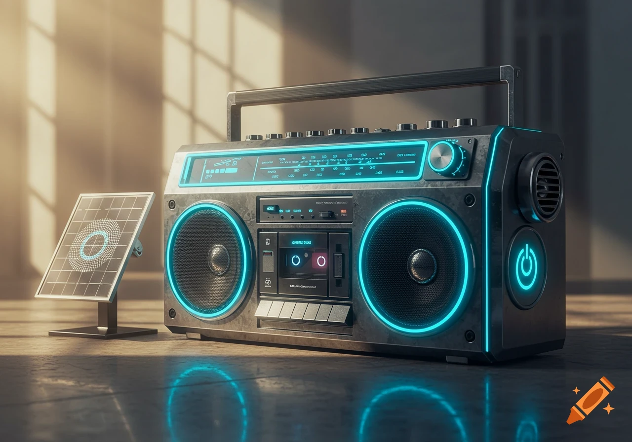 A futuristic boombox with bright blue neon lights next to a solar panel on a reflective surface.
