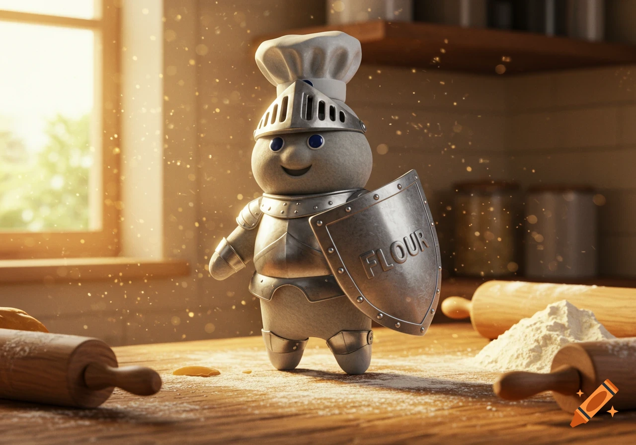 Pillsbury Doughboy dressed as a knight holding a shield with 'FLOUR' in a kitchen with rolling pins.