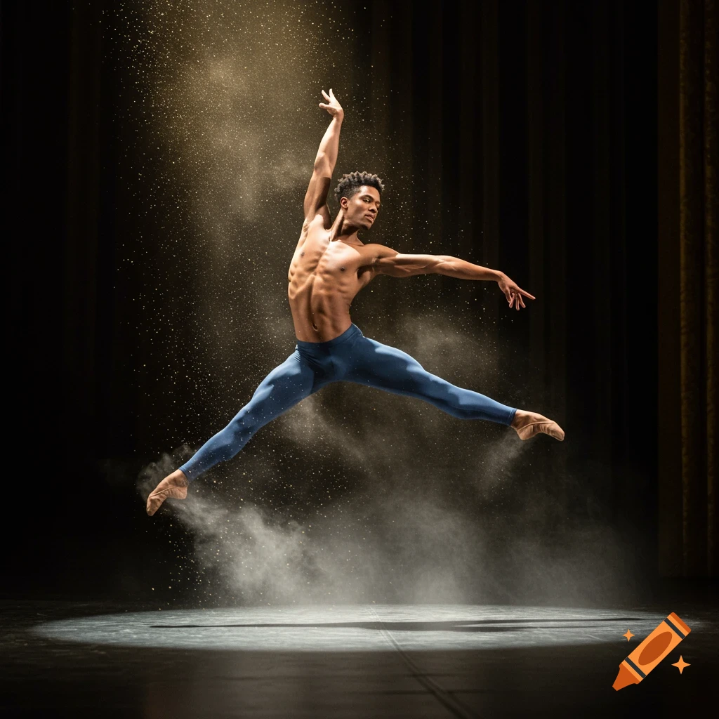 A muscular male ballet dancer leaps gracefully on a dark stage, surrounded by sparkling dust under a spotlight.