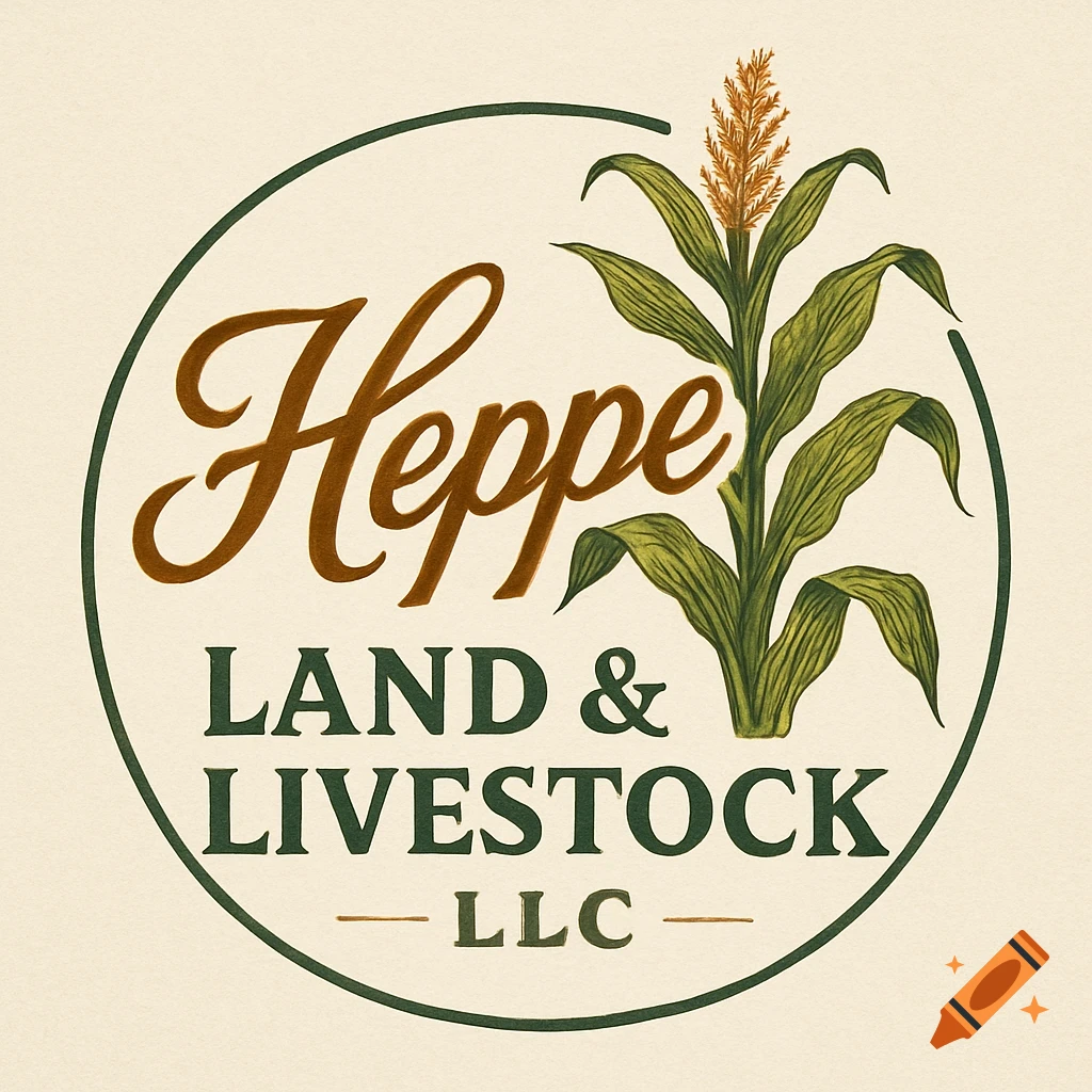 A circular illustrated logo for Heppe Land & Livestock, LLC, with a corn plant.