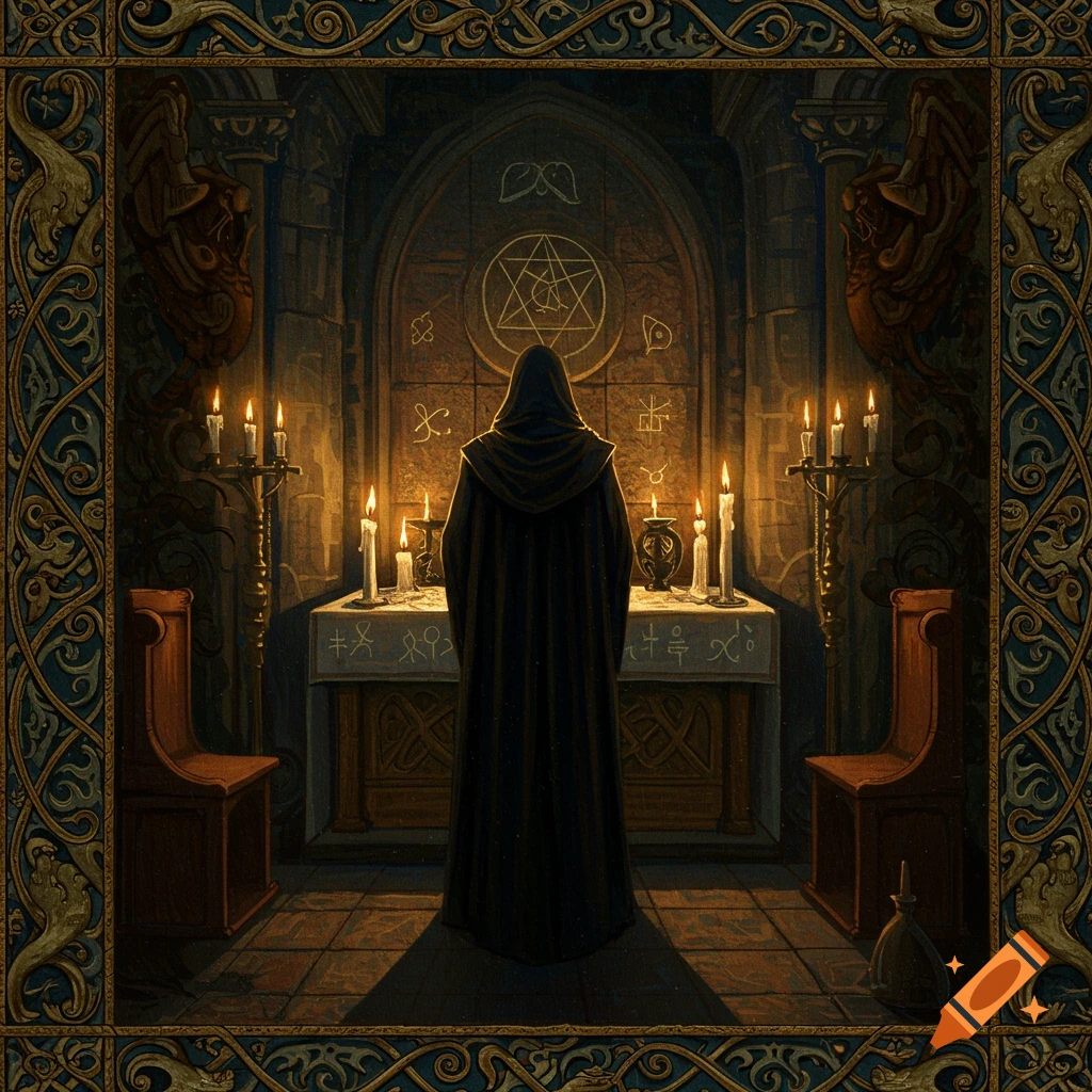 A robed figure stands before a candlelit altar adorned with occult symbols in a dark chamber, bordered by an ornate frame. Dark fantasy style.