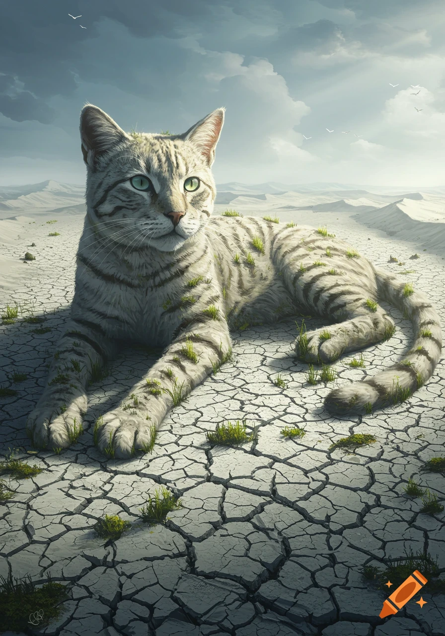A large striped cat, covered in green grass sprouts, lies on cracked desert ground under a cloudy sky.
