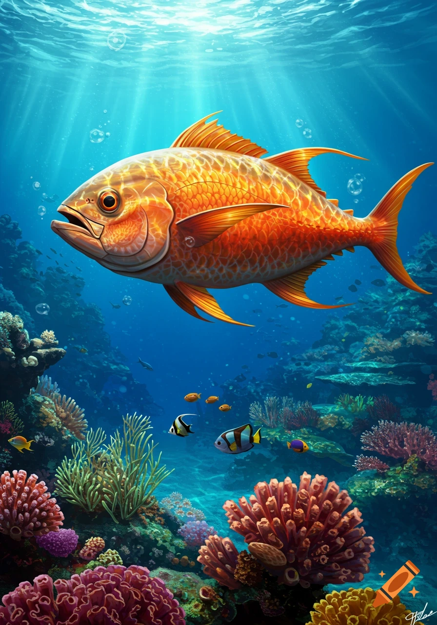 A large, bright orange-golden fish swims in a vibrant, colorful coral reef under sparkling blue water with sunbeams.
