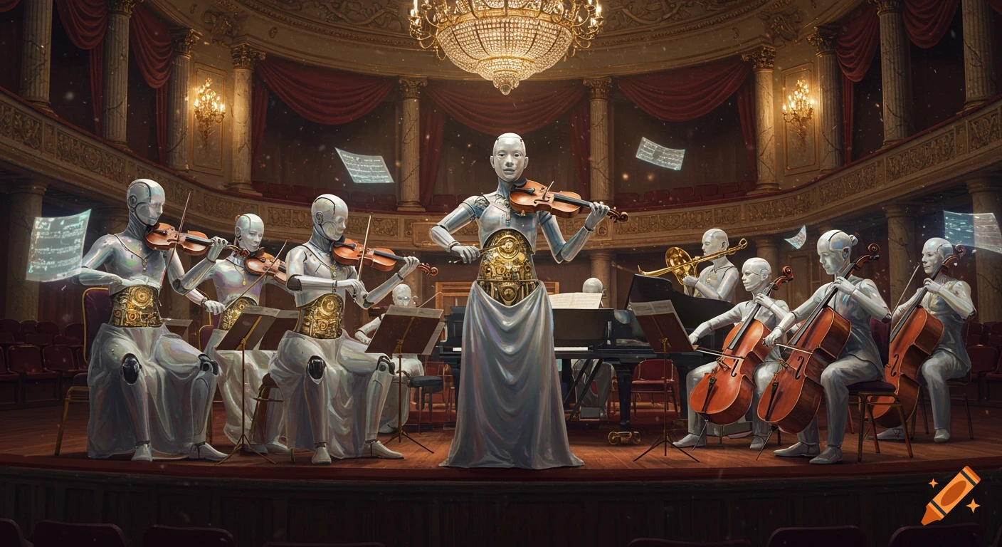 Humanoid androids with glowing inner gears play classical instruments in a grand orchestral hall with holographic sheet music, digital art.