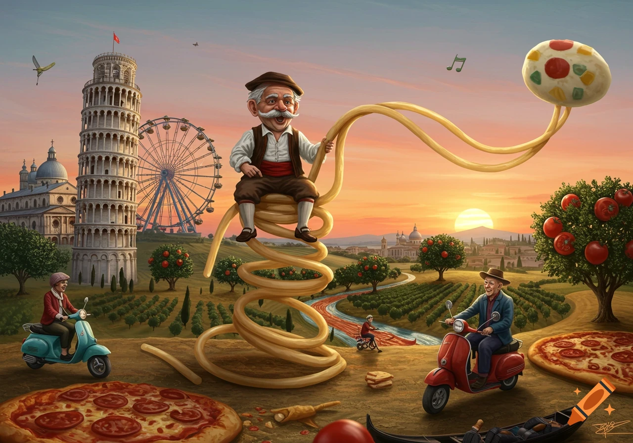 Whimsical illustration of an Italian man riding a pasta spiral, with the Leaning Tower of Pisa, Vespas, and pizzas in a sunset landscape.