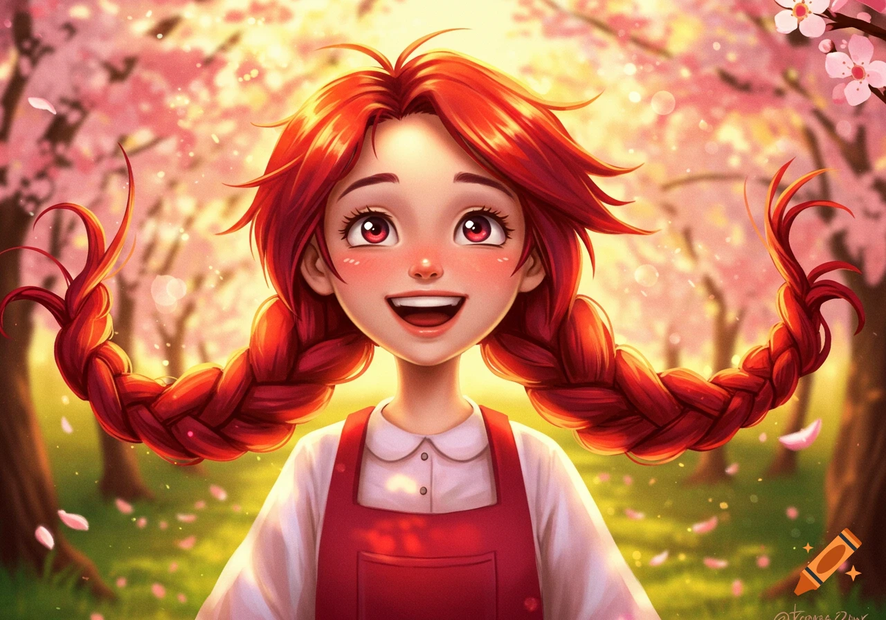 A cheerful cartoon girl with red braided pigtails and a red apron smiles broadly in a vibrant cherry blossom field.