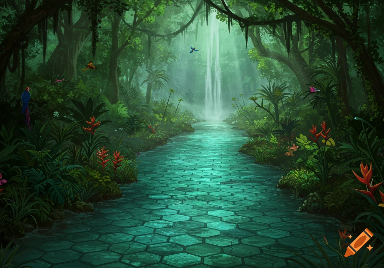 Lush, vibrant jungle scene with a river of hexagonal tiles flowing towards a bright waterfall, with exotic birds and colorful flowers.