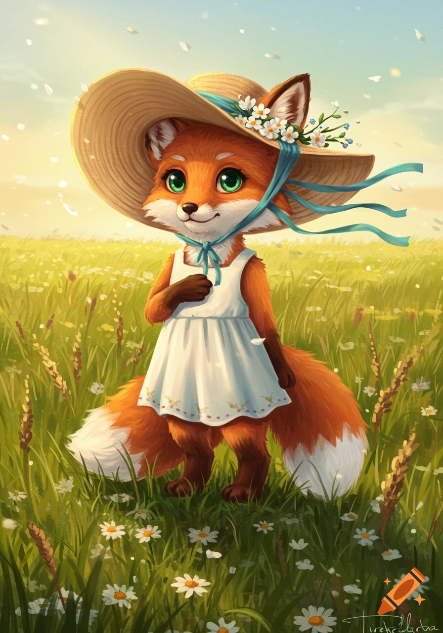 A cute, anthropomorphic fox wearing a straw hat and white dress stands in a sunny field of green grass and daisies.