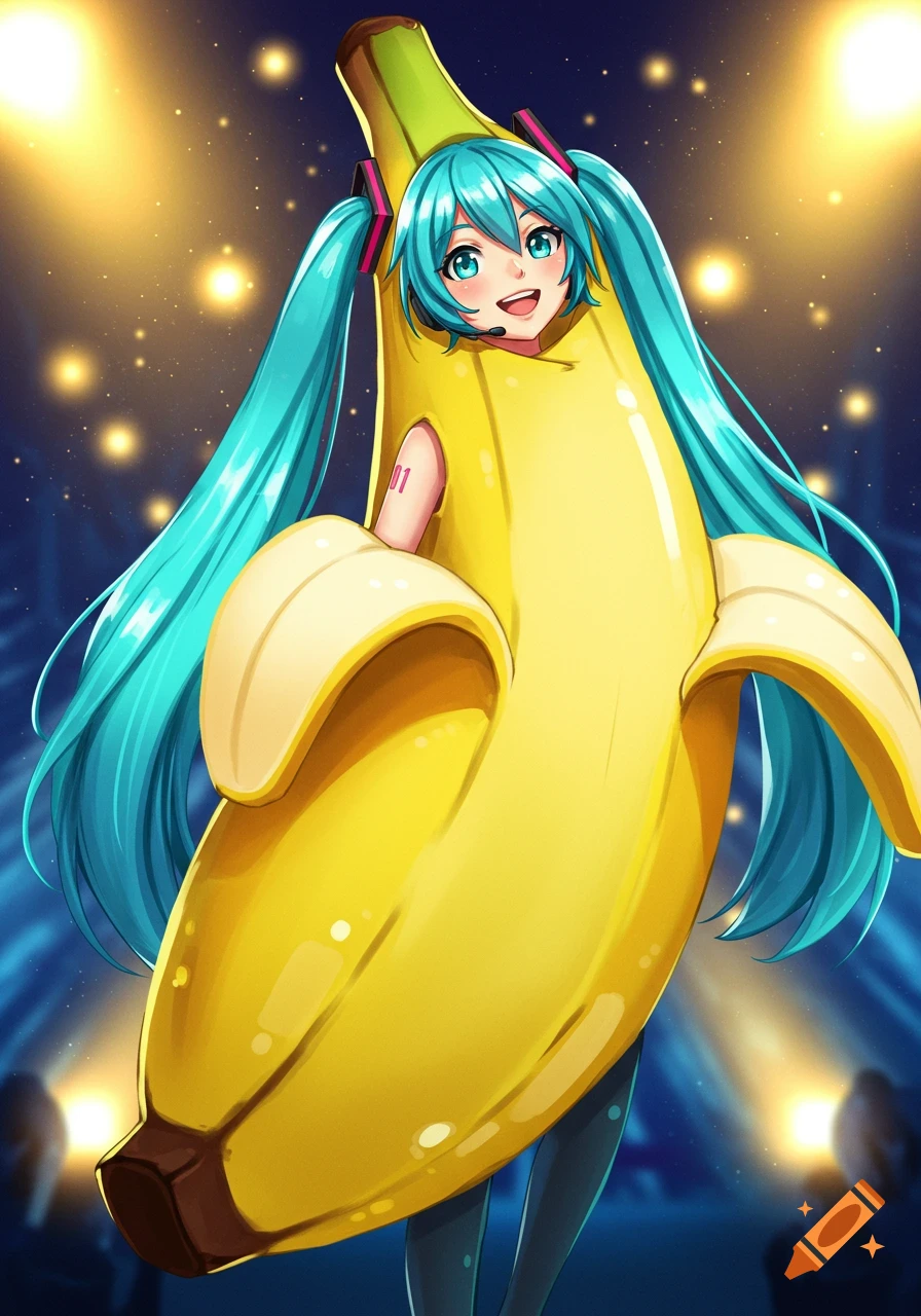 An anime girl with long turquoise pigtails, resembling Hatsune Miku, smiling while wearing a yellow banana costume with brown tips.