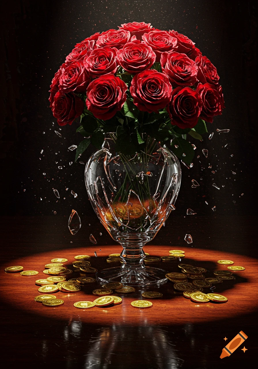 Photorealistic image of red roses in a broken heart-shaped vase, with gold coins spilling onto a dark wooden table.