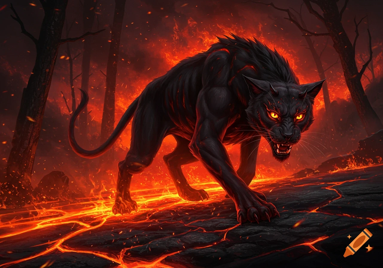 A menacing black feline creature with glowing orange eyes and horns stalks through a fiery, lava-filled hellscape with burning trees, dark fantasy art.